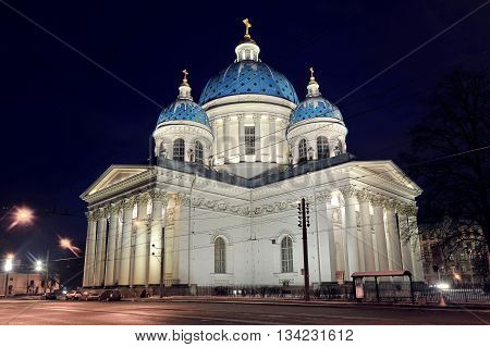 Night View Of The Troitsky Cathedral In St. Petersburg, Russia