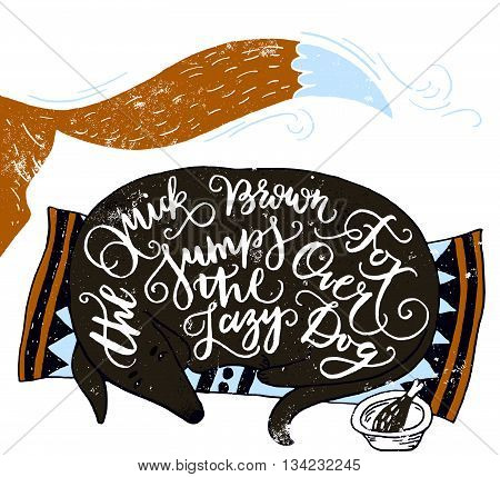 Vector illustration of quick brown fox jumping over the lazy dog funny poster