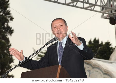 ISTANBUL, TURKEY-MAY 29: Prime Minister Recep Tayyip Erdogan speaks at the reopening of the Faith Mosque after the restoration of five years on May 30, 2012 in Istanbul,Turkey.