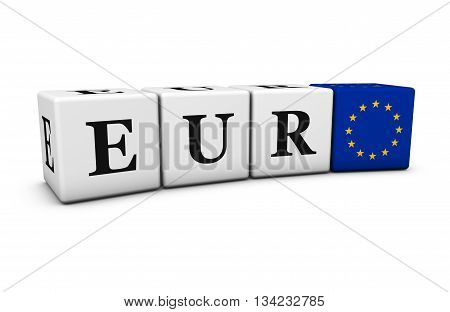 Euro currency exchange market and financial trading concept with eur code sign and European Union flag on cubes 3D illustration on white background.