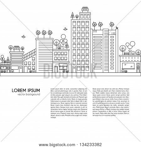 Line design vector illustration with ecology city. Green city concept with eco icons. Green energy - green house wind turbines solar panels.