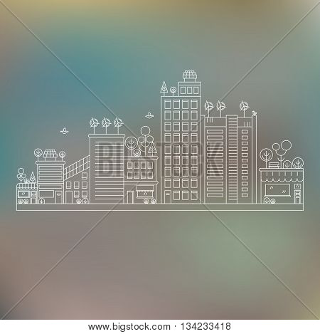 Line design vector illustration with ecology city. Green city concept with eco icons. Green energy - green house wind turbines solar panels.