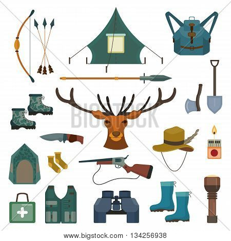 Hunting vector set. Bow and arrows, deer and spear. Tent and rubber boots, knife and gun. Travel icon collection. Flat cartoon style illustration