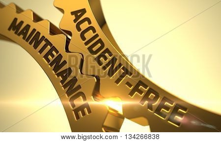 Accident-Free Maintenance - Illustration with Glow Effect and Lens Flare. Accident-Free Maintenance on the Mechanism of Golden Metallic Cog Gears. 3D.