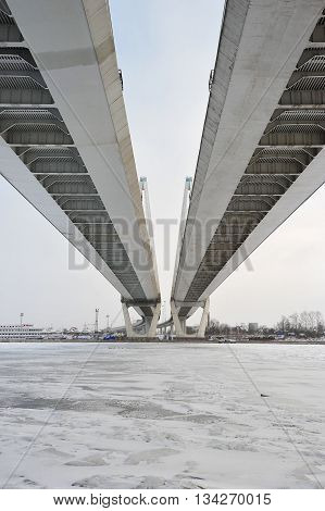 St. Petersburg, Russia, 6 January: Big Obukhovsky Bridge (cable-stayed) Over The Neva River On Janua