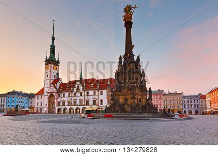 Town hall and Holy Trinity Column in the main square of the old town of Olomouc, Czech Republic.