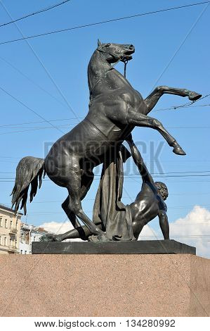 St. Petersburg, Russia, 7 September: Sculpture With A Horse On The Anichkov Bridge In St. Petersburg