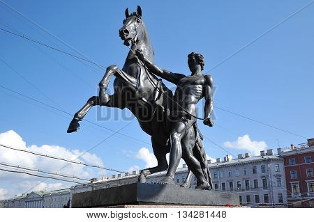 St. Petersburg, Russia, 7 September: Sculpture With A Horse On The Anichkov Bridge In St. Petersburg