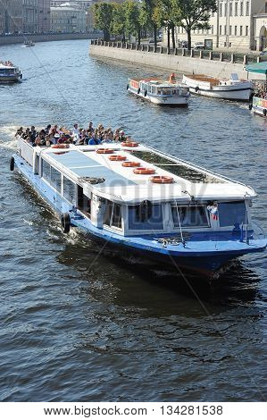St. Petersburg, Russia, 7 September: Pleasure Ships Floating On The River Fontanka In St. Petersburg