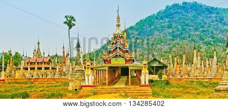 Buddhist pagoda Takhaung Mwetaw in Sankar. Myanmar. Panorama