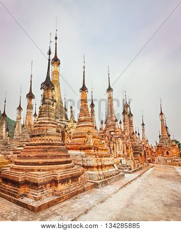 Buddhist pagoda Takhaung Mwetaw in Sankar. Myanmar. Panorama