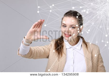 Worldwide network or wireless internet connection futuristic concept. Woman working with linked dots.