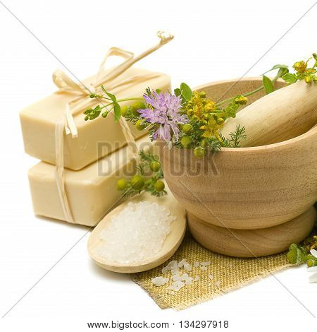 Natural cosmetics - soap bath salt and medicine herbs