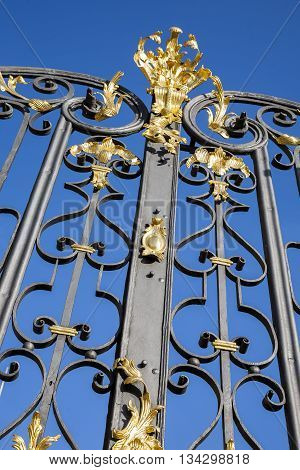 Old metal gate, visible decorative gold ornaments, finesse blacksmith work.