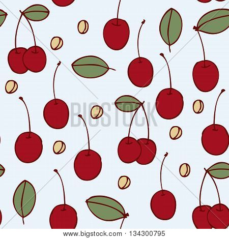 Seamless Vector Pattern with Red Ripe Cherries and Cherrystones on a Light Blue Background