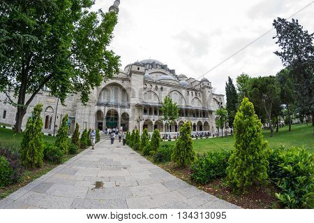 ISTANBUL TURKEY - JUNE 19 2015: The Suleymaniye Mosque is an Ottoman imperial mosque located in Istanbul Turkey. It is the largest mosque in the city and one of the best-known sights of Istanbul