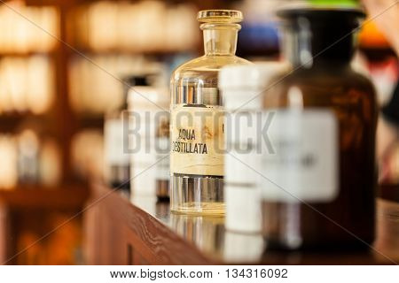 Old vintage medicine bottles, medicine concept.
