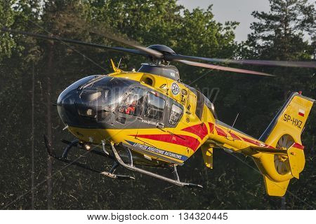 Bialystok Poland June 4 2016 Rescue helicopter approaches the landing