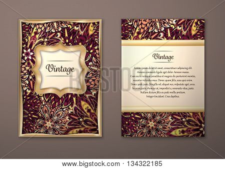 Vintage cards with Floral mandala pattern and ornaments. Vector Flyer oriental design Layout template size A5. Islam Arabic Indian ottoman motifs. Front page and back page. Easy to use and edit.