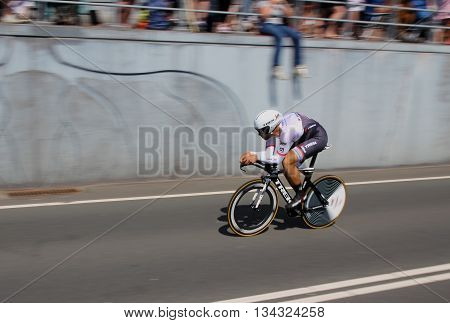 APELDOORN, NETHERLANDS-MAY 6 2016: Marco Coledan of pro cycling team Trek-Segafredo during the Giro d'Italia prologue time trial.