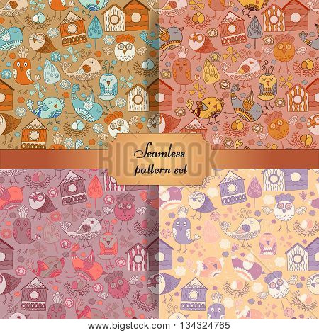 Hand Drawn Seamless Pattern Texture With Nests And Birds