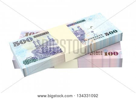 Saudi Arabia rials bills isolated on white background. 3D illustration.