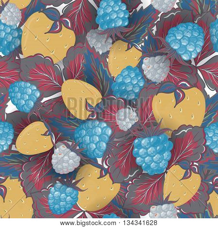 Seamless pattern of hand drawing image of delicious ripe raspberries and strawberries. Vector background. Pastel yellow blue vinous illustration.
