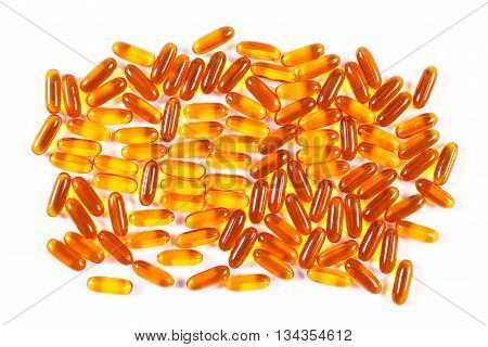 Orange Medical Capsules On White Background, Health Care Concept