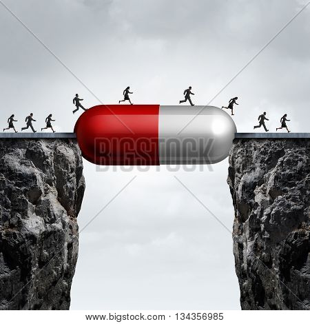 Medicine solution and medication cure concept as a group of people running across two cliffs with a prescription pill creating a bridge for medical research success with 3D illustration elements.