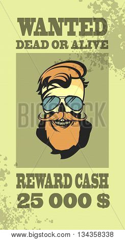ad Wild West bandit sought for compensation skull with beard and mustache in retro style