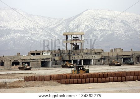 BAMERNI,IRAQ- FEBRUARY 28, 2008 : Military vehicles and tanks are seen at Bamerni, controlled by Turkish troops since 2002 in Kurdistan,Iraq,on February 28, 2008.