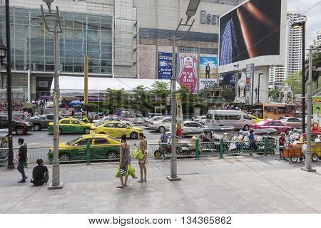 BANGKOK THAILAND - MAY 22 : scene of pedestrian in front of Big C Supercenter in Ratchaprasong area on may 22 2016 thailand. Ratchaprasong is one of is famous landmark of Bangkok