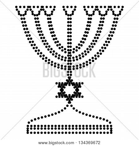 Jewish Menorah candlestick in black silhouette. Dot style or bullet style icon on white.