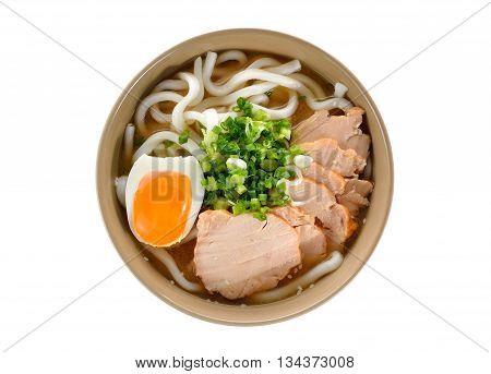 bird eyes view Japanese noodles Udon with chicken and boiled egg in soybean paste (Miso) soup on white background