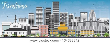 Kinshasa Skyline with Gray Buildings and Blue Sky. Business Travel and Tourism Concept with Historic Buildings. Image for Presentation Banner Placard and Web Site.