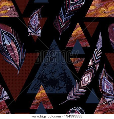 Abstract grunge geometric seamless pattern with decorative feathers. Triangles with marble grunge textures. Abstract geometric background in retro vintage 80s or 90s. Hand painted boho illustration