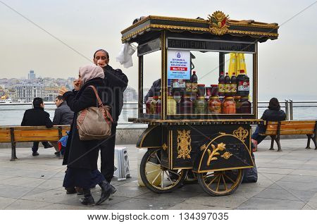 Istanbul Turkey - February 21 2013: Istanbul Eminonu pickle vendor. Traditional Turkish pickles of various fruits and vegetables. There is an important place in Turkey and produced first by the Turks.