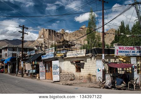 Mainstreet in Leh with king's palace in Ladakh