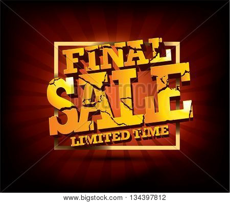 Sale typographic design with gold broken text against deep red rays backdrop. sale layout design. Vector illustration