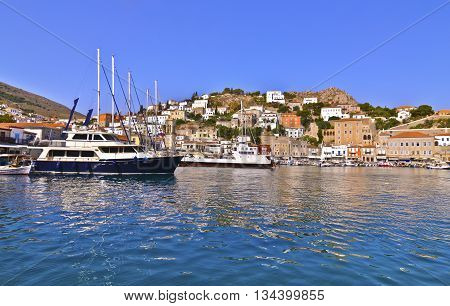 landscape of the port of Hydra island Saronic gulf Greece