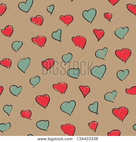 Red and grey heart background. Dingy colors. Seamless pattern. Romantic texture. Hand drawn. Love and feelings Backdrop. Valentines day. For wallpaper, web page, surface textures.