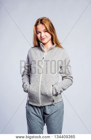 Girl Gray Hooded Sweatshirt, Young Woman, Studio Shot