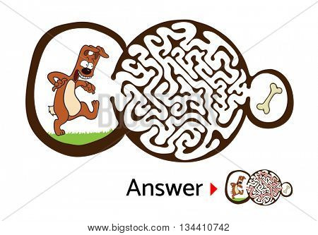 Maze puzzle for kids with dog and bone. Labyrinth illustration, solution included.