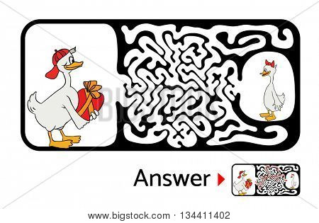 Maze puzzle for kids, labyrinth illustration with solution.