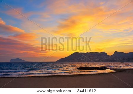 Calpe sunset in Mediterranean in cantal roig beach of spain
