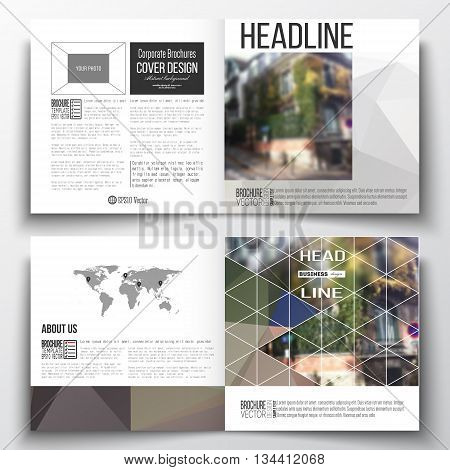 Vector set of square design brochure template Polygonal background, blurred image, urban landscape, street in Montmartre, Paris cityscape, modern triangular vector texture