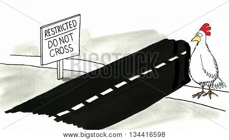 Cartoon about the chicken crossing the road joke.