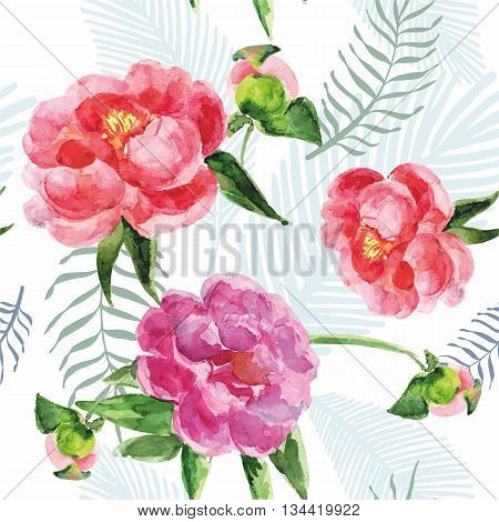 Summer Vintage Seamless Pattern With Pions Flowers And Leaves In Boho Style, Natural Greeting Card
