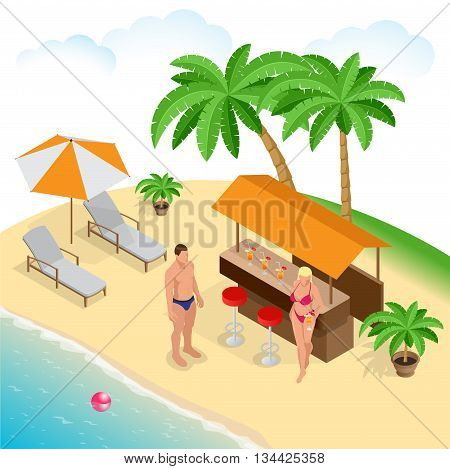 Summer concept of sandy beach. Beach summer couple on beach vacation holiday relax in the sun on their deck chairs under a yellow umbrella. Flat 3d vector isometric illustration
