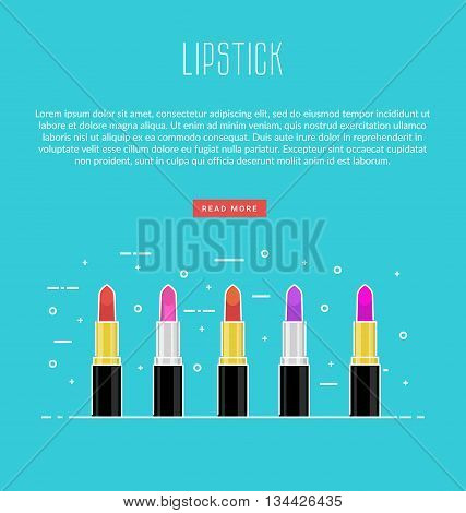 Flat multicolored opened lipsticks. Makeup. Vector Illustration. Orange lipstick red lipstick pink lipstick